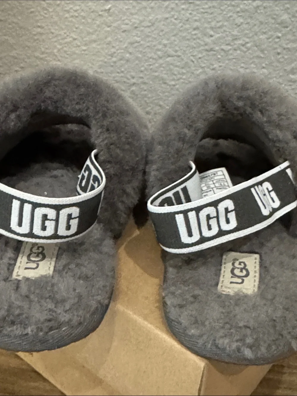 UGG Gray Shearling Slide with Branded Elastic Heel Strap